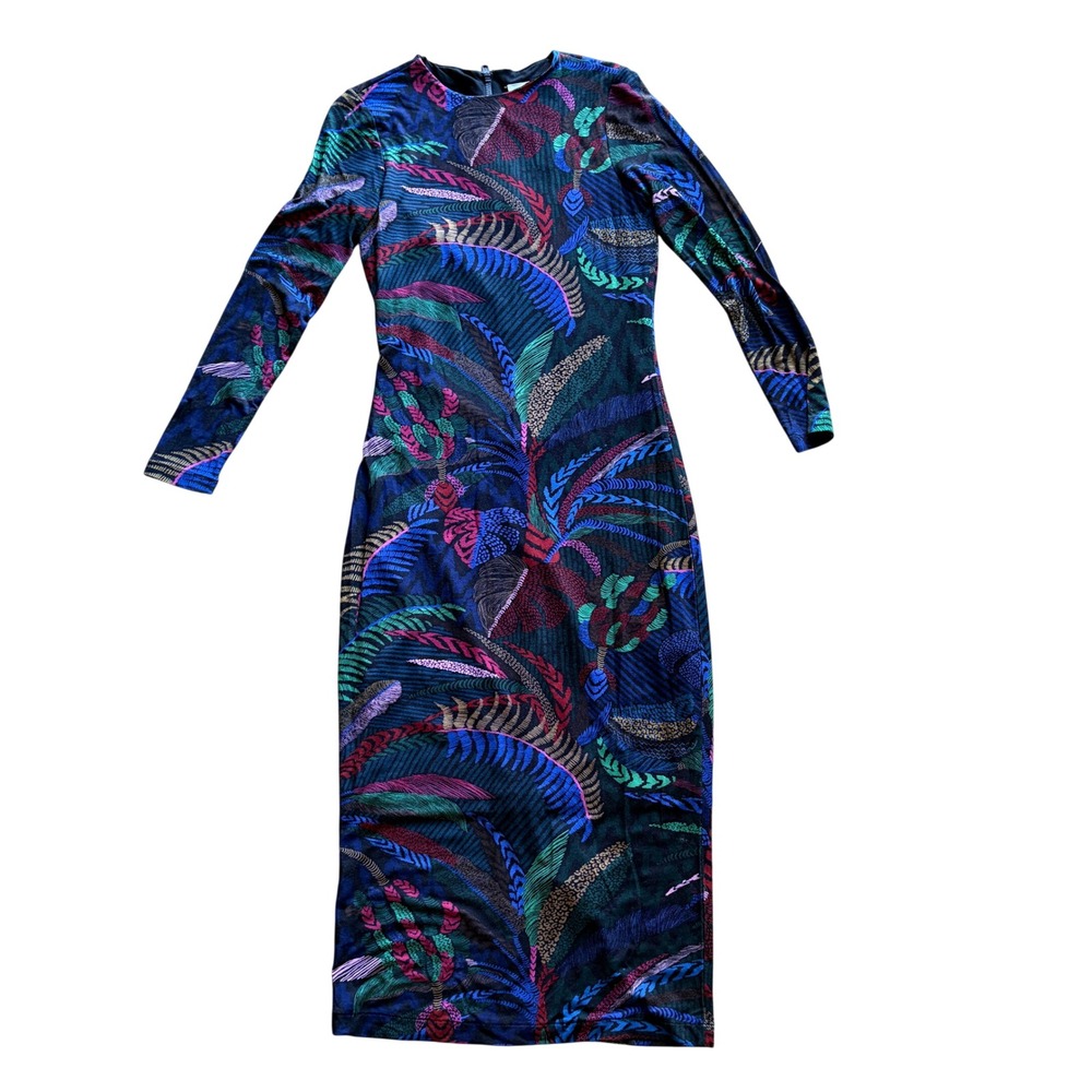 Farm Rio Tropical Bird Print Midi Dress Small Long Sleeve Vibrant Jungle Bodycon